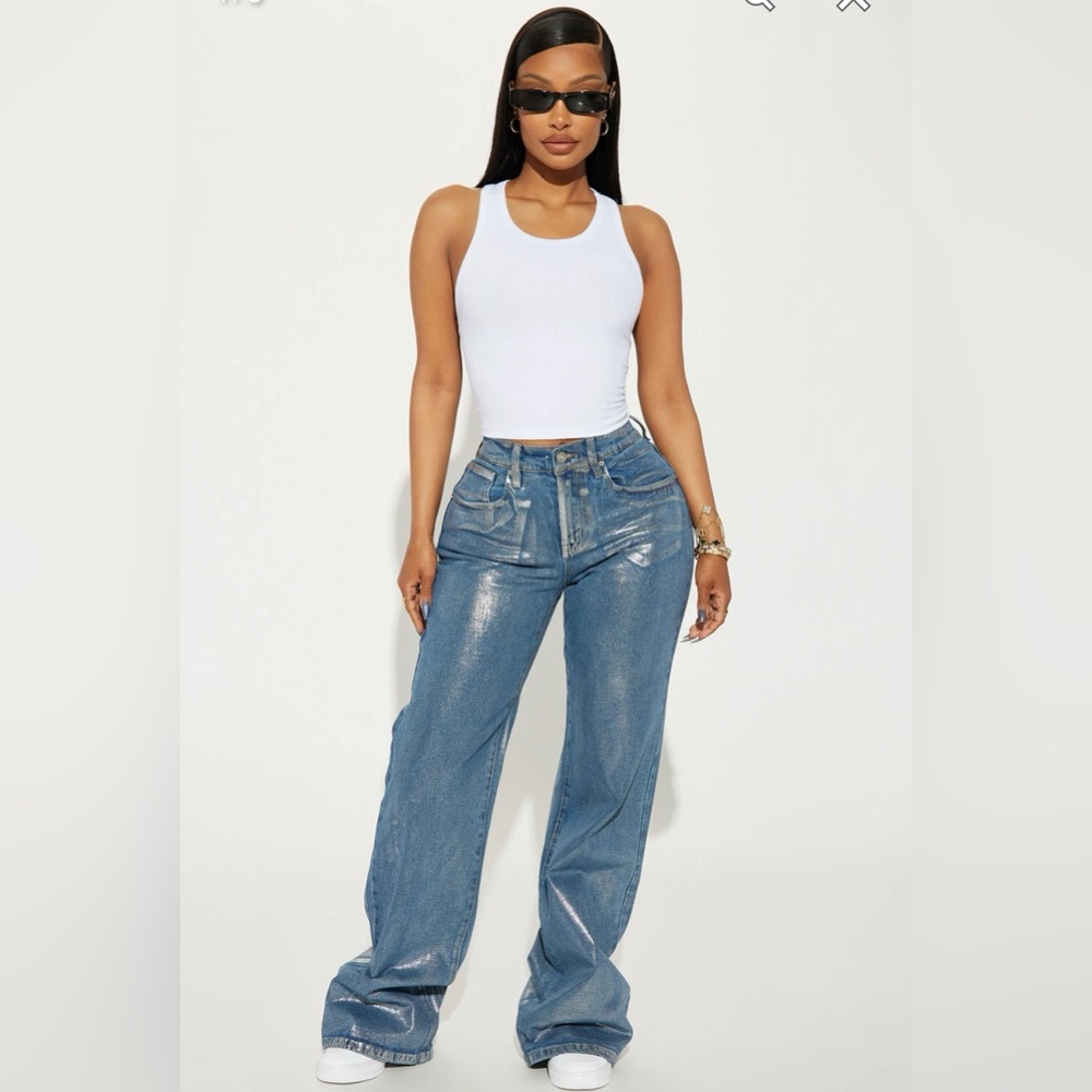 FASHION NOVA | Women’s Cold As Ice Foil Print Baggy Jeans - Silver NWT SIZE 7